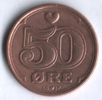 Монета 50 эре. 1990 год, Дания. LG;JP;A.