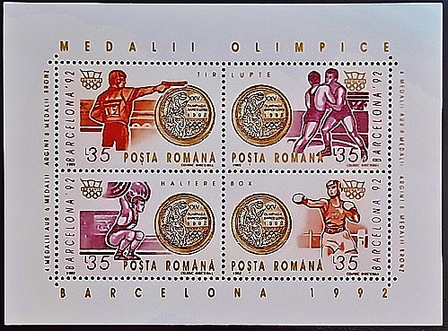 Блок марок (4 шт.). "Летние Олимпийские игры,Барселона`1992 (медали)(II)". 1992 год, Румыния. Блок марок (4 шт.). "Летние Олимпийские игры,Барселона`1992 (медали)(II)". 1992 год, Румыния.