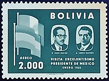 Марка почтовая (2000 b.). "Визит президента Мексики А. Лопеса Матеоса". 1960 год, Боливия.