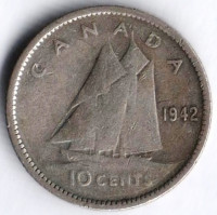 Монета 10 центов. 1942 год, Канада.
