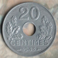 Монета 20 сантимов. 1943 год, Франция. Облегчённый тип.