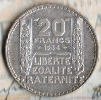 Монета 20 франков. 1934 год, Франция.