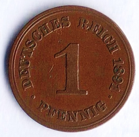 Монета 1 пфенниг. 1891 год (A), Германская империя.