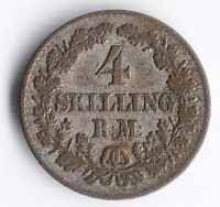 Монета 4 скиллинга-ригсмёнт. 1856(VS) год, Дания.
