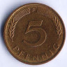 Монета 5 пфеннигов. 1982(F) год, ФРГ.