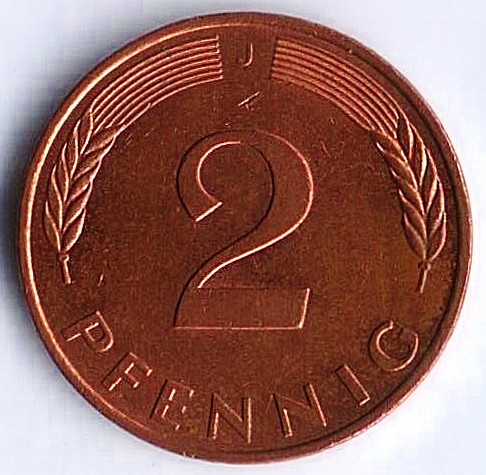 Монета 2 пфеннига. 1995(J) год, ФРГ.