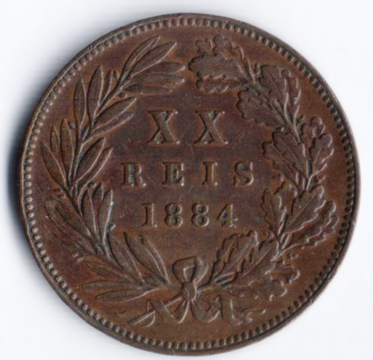 Монета 20 рейсов. 1884 год, Португалия.
