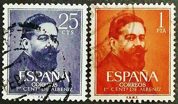Набор почтовых марок (2 шт.). "100 лет со дня рождения Исаака Альбениса". 1960 год, Испания.