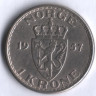Монета 1 крона. 1957 год, Норвегия.