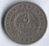 Монета 3 пенса. 1939(H) год, Британская Западная Африка.