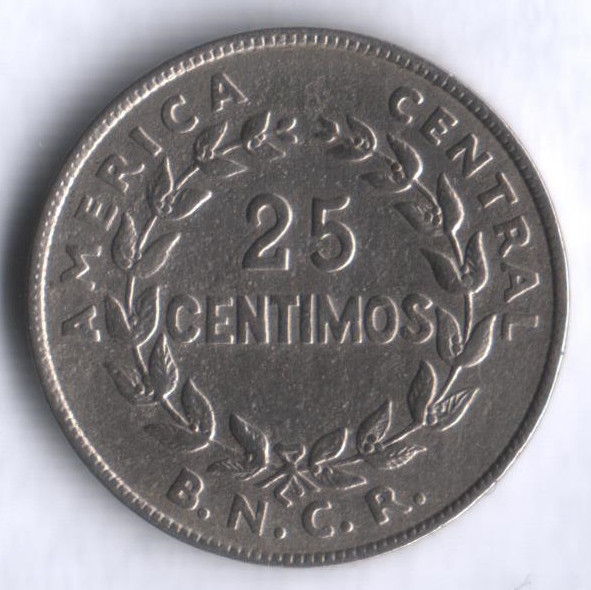 Монета 25 сентимо. 1948 год, Коста-Рика.