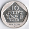 Монета 10 лир. 1975 год, Израиль. Голландская ханукальная лампа, XVIII век.
