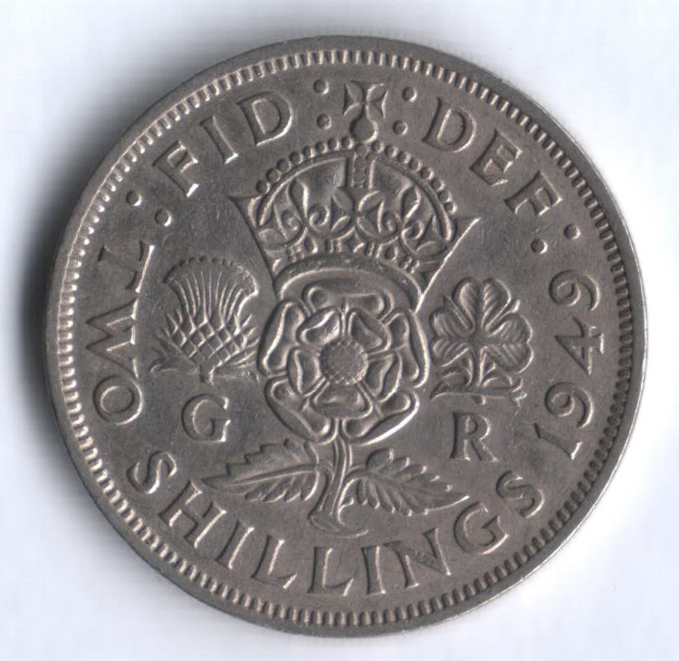 Монета 2 шиллинга. 1949 год, Великобритания.