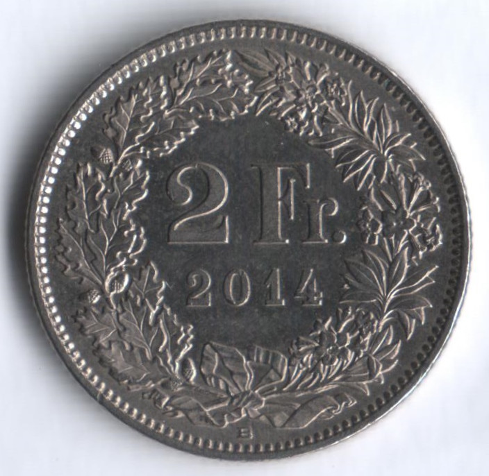 Монета 2 франка. 2014 год, Швейцария.
