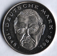 Монета 2 марки. 1990 год (G), ФРГ. Людвиг Эрхард.