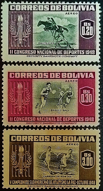 Набор марок (3 шт.). "V Южноамериканские легкоатлетические игры - Ла-Паса". 1951 год, Боливия. Набор марок (3 шт.). "V Южноамериканские легкоатлетические игры - Ла-Паса". 1951 год, Боливия.