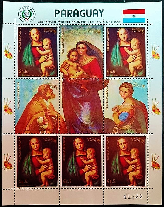 Блок марок. "500 лет со дня рождения Рафаэля (II)". 1982 год, Парагвай.