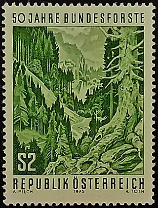 Марка почтовая. "Федеральные леса, 50-летие". 1975 год, Австрия.