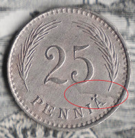 Монета 25 пенни. 1926 год, Финляндия. Брак! Раскол штемпеля АВ и РВ.