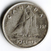 Монета 10 центов. 1957 год, Канада.