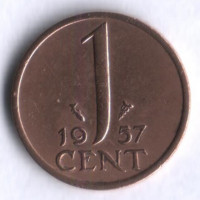 Монета 1 цент. 1957 год, Нидерланды.