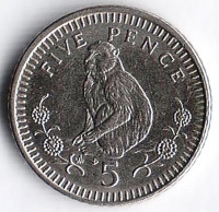 Монета 5 пенсов. 1992(AB) год, Гибралтар.