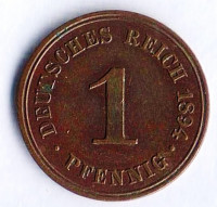 Монета 1 пфенниг. 1894 год (A), Германская империя.