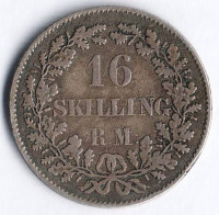 Монета 16 скиллингов-ригсмёнт. 1857(VS) год, Дания.