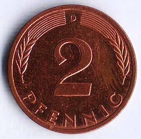 Монета 2 пфеннига. 1996(D) год, ФРГ.