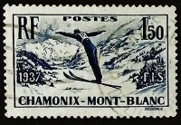 Марка почтовая. "Шамони-Монблан F.I.S.". 1937 год, Франция.