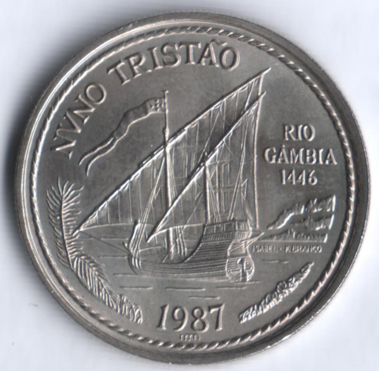 Монета 100 эскудо. 1987 год, Португалия. Открытия мореплавателя Нуну Триштана.