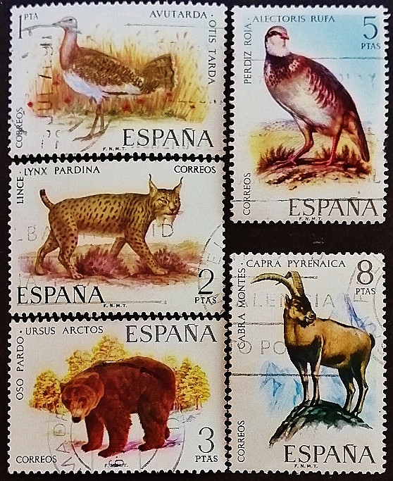 Набор почтовых марок (5 шт.). "Испанская фауна". 1971 год, Испания.