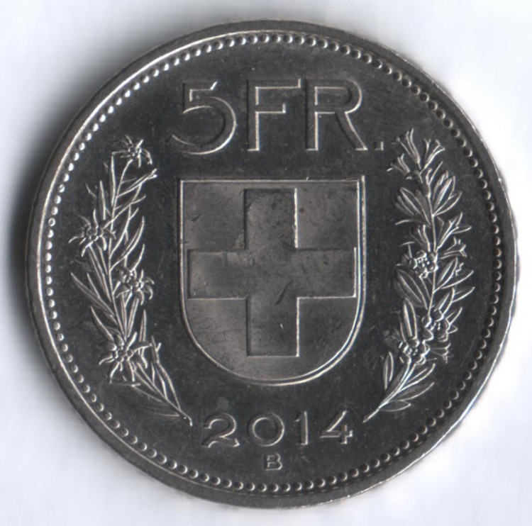 Монета 5 франков. 2014 год, Швейцария.