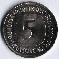 Монета 5 марок. 1980 год (G), ФРГ.