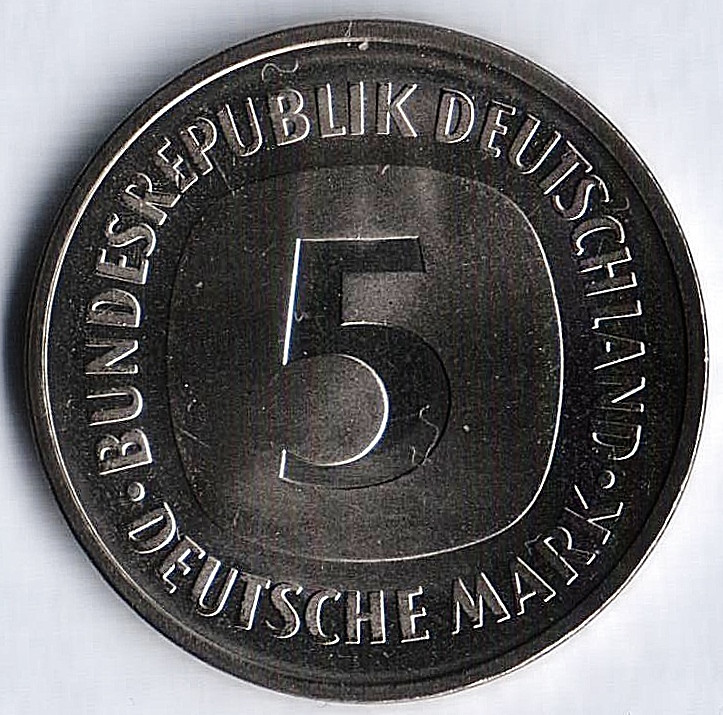 Монета 5 марок. 1980 год (G), ФРГ.