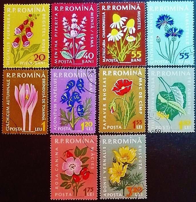 Набор почтовых марок (10 шт.). "Флора Румынии". 1959 год, Румыния.