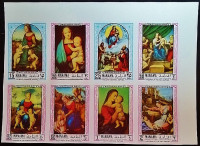Блок марок (8 шт.). "Картины Рафаэля (II)". 1970 год, Манама.