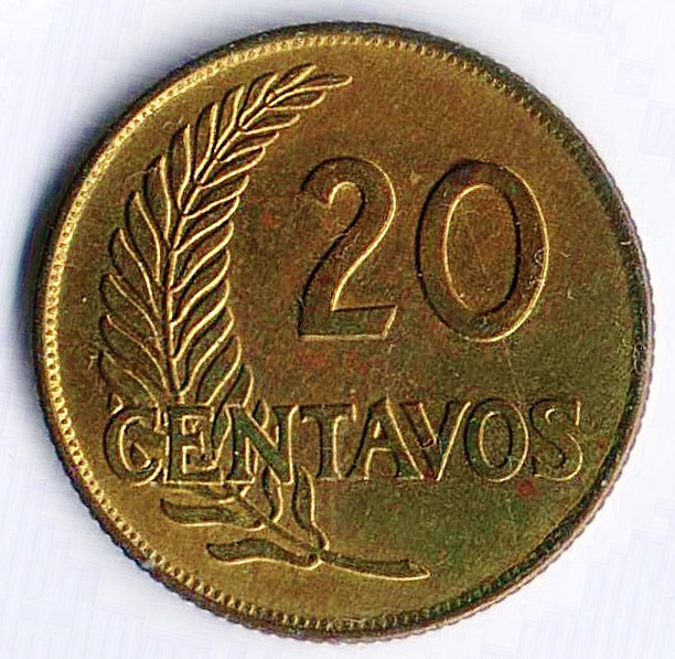 Монета 20 сентаво. 1957 год, Перу.