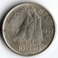 Монета 10 центов. 1963 год, Канада.