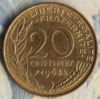 Монета 20 сантимов. 1963 год, Франция.
