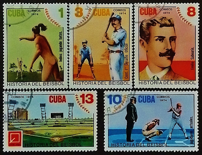 Набор почтовых марок (5 шт.). "История развития бейсбола на Кубе". 1974 год, Куба.