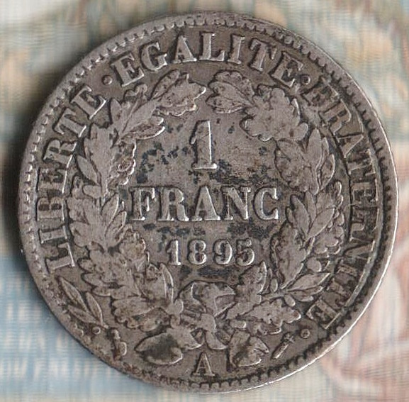 Монета 1 франк. 1895(A) год, Франция.