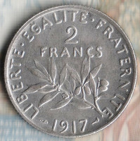 Монета 2 франка. 1917 год, Франция.