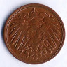 Монета 1 пфенниг. 1894 год (D), Германская империя.