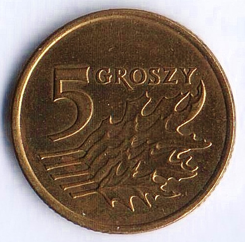 Монета 5 грошей. 2005 год, Польша.