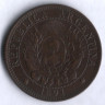 Монета 2 сентаво. 1891 год, Аргентина.