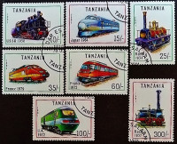 Набор почтовых марок (7 шт.). "Локомотивы". 1991 год, Танзания.