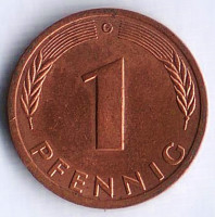 Монета 1 пфенниг. 1980(G) год, ФРГ.