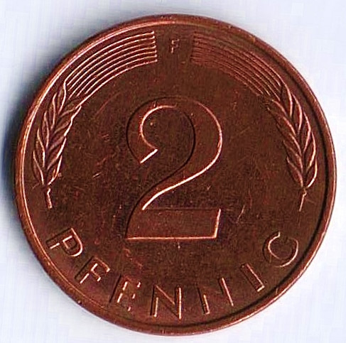 Монета 2 пфеннига. 1996(F) год, ФРГ.