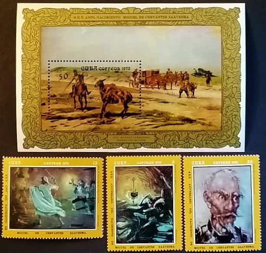 Набор почтовых марок  (3 шт.) с блоком. "Мигель де Сервантес Сааведра". 1972 год, Куба.